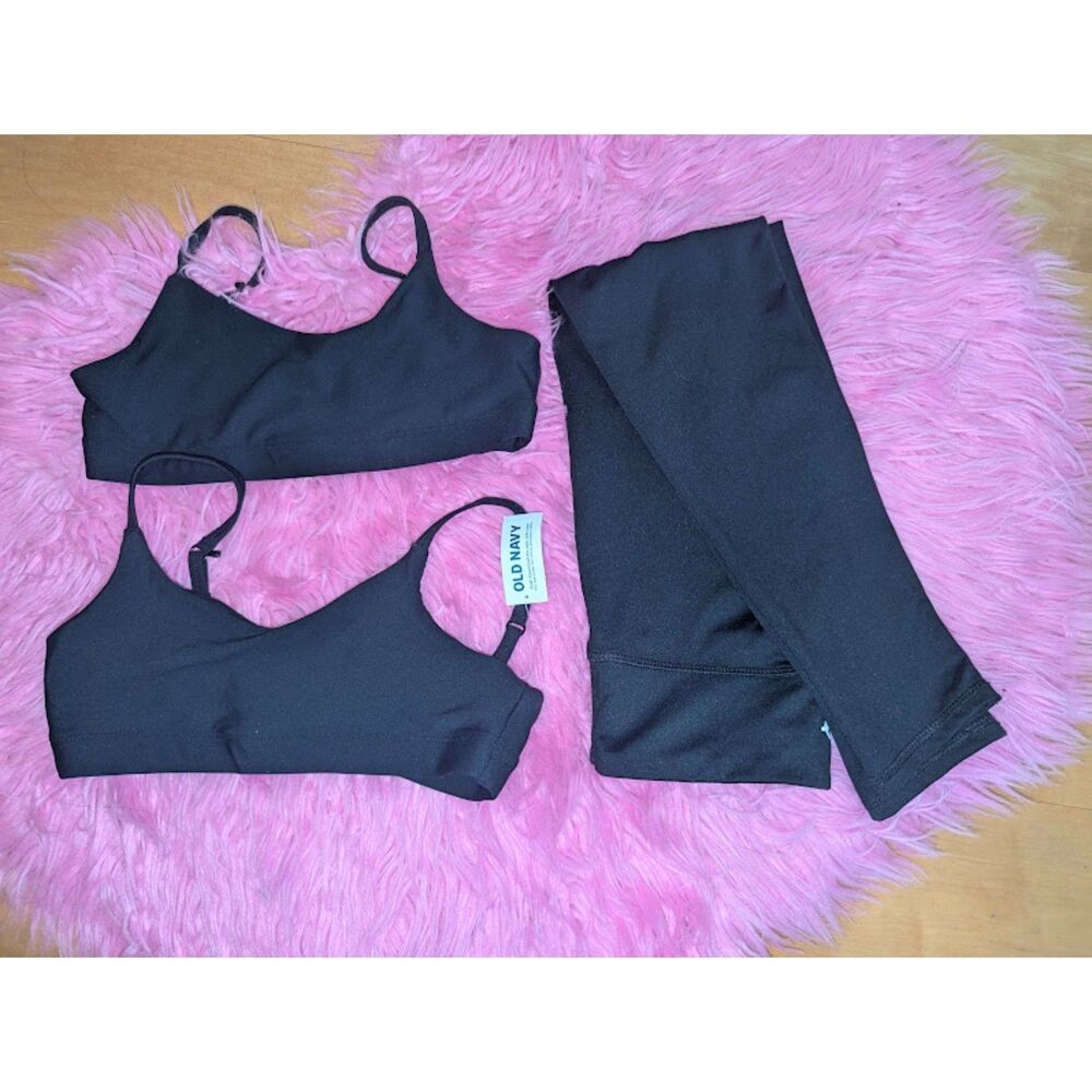 3 piece Old Navy Black Athletic Set Leggings Convertible Bras Girls Large 10-12